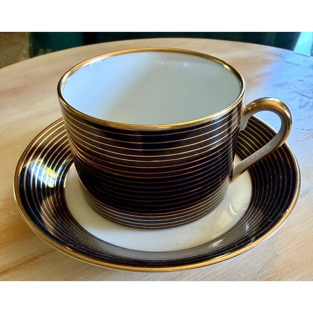 Vtg Fitz and Floyd Rondelle Black Cup and Saucer set; Handpainted Gold & Black